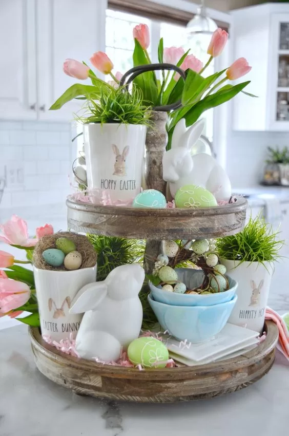 Two-Tiered Tray Decor Ideas for Easter Farmhouse Charm