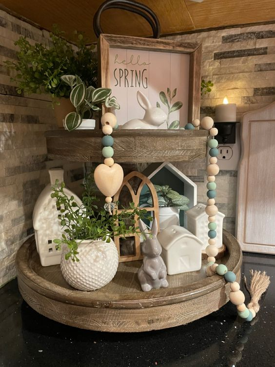 Two-Tiered Tray Decor Ideas for Easter Farmhouse Charm