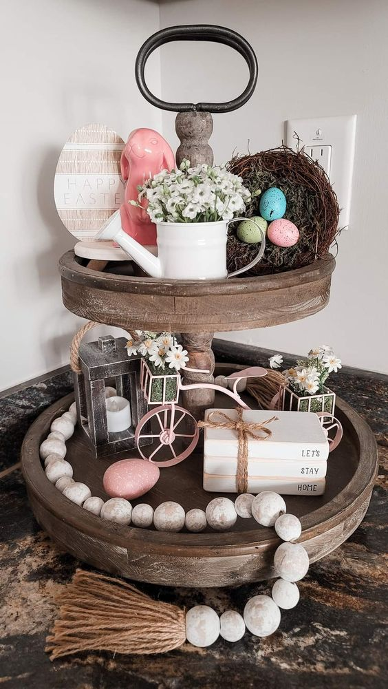 Two-Tiered Tray Decor Ideas for Easter Farmhouse Charm