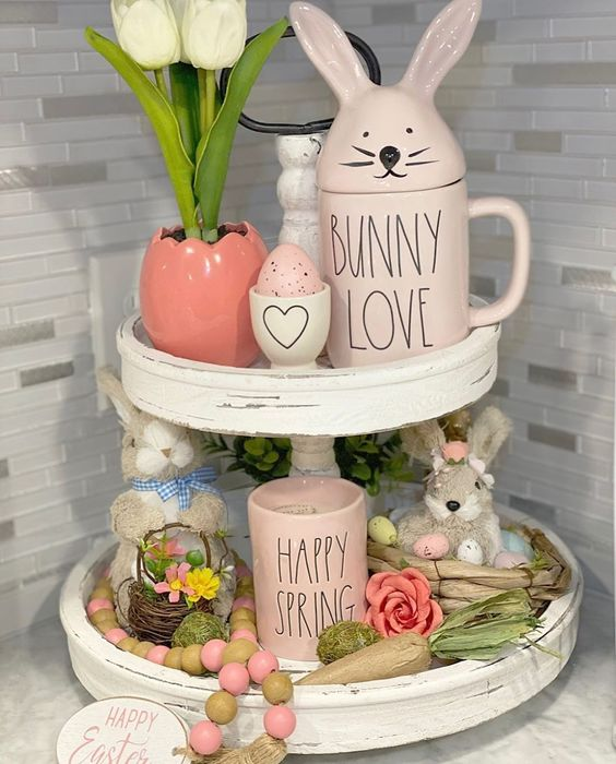 Two-Tiered Tray Decor Ideas for Easter Spring