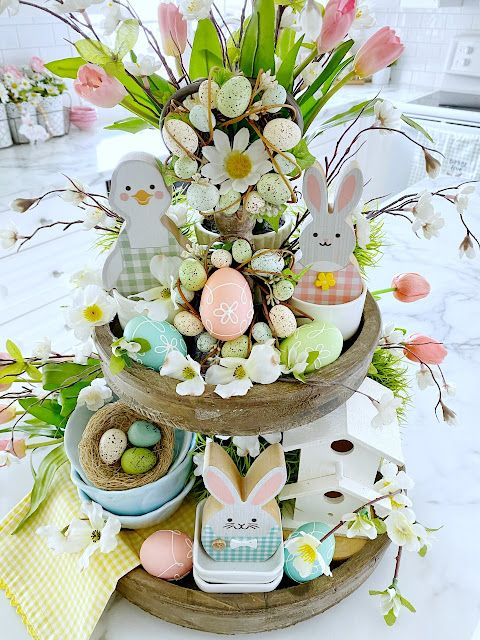 Two-Tiered Tray Decor Ideas for Easter Spring