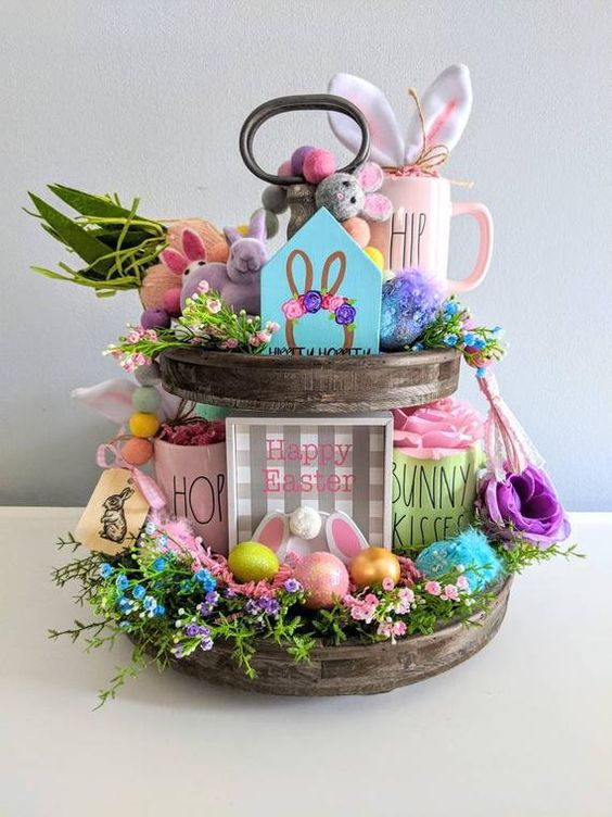 Two-Tiered Tray Decor Ideas for Easter Spring