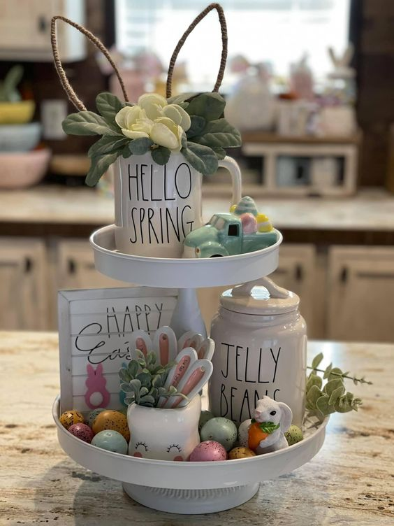 Two-Tiered Tray Decor Ideas for Easter Spring