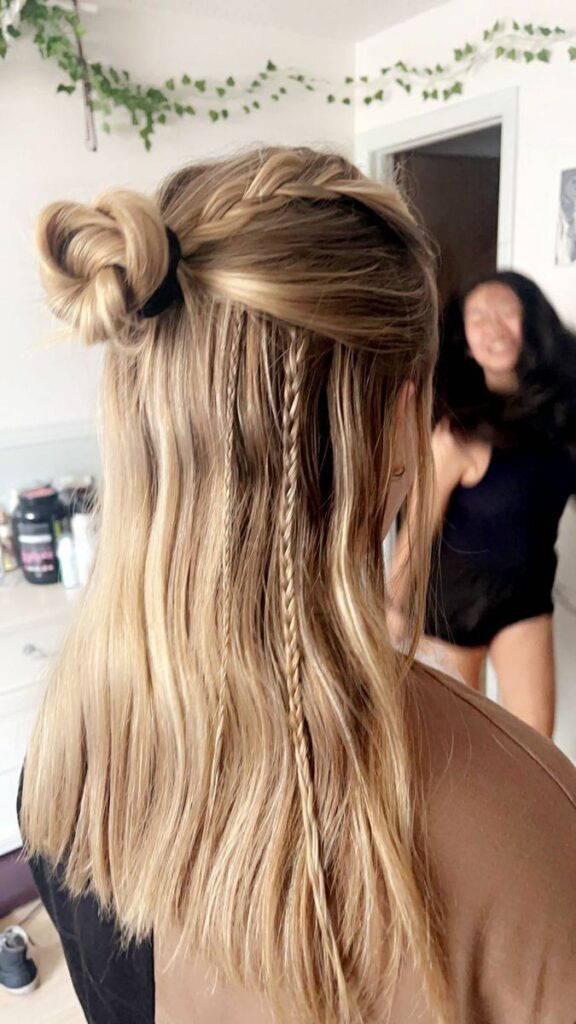 5. The Half-Up, Half-Down with a Twist Braid—Looking for easy and trendy summer hairstyles to beat the heat? Another day, another hairstyle inspo! Check out this article on summer hairstyle ideas that you can recreate for two weeks.